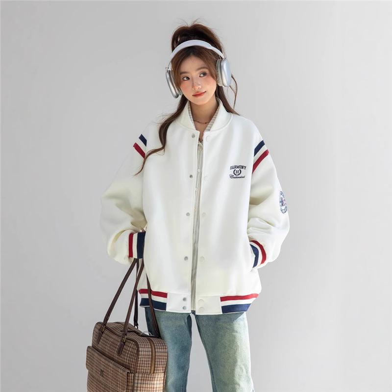 CHANT2nd American Retro Embroidered Baseball Jacket - Women's Spring/Fall Color Block Patchwork