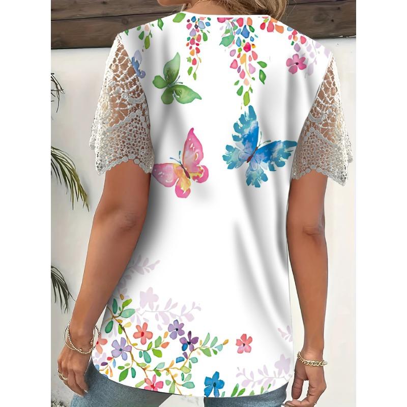 Women's Fashion Casual Summer Spring Flower Pattern Print Short Sleeve V-Neck Blouses & Shirts