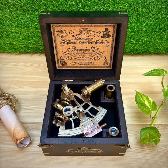 Antique Brass Nautical Sextant with Wooden