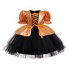Girls' Halloween Witch Party Dress with Orange Patchwork Mesh Puff Skirt and Short Sleeves