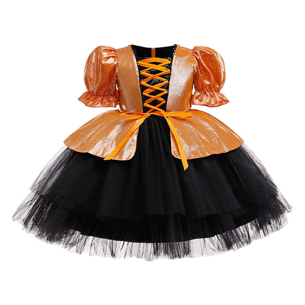Girls' Halloween Witch Party Dress with Orange Patchwork Mesh Puff Skirt and Short Sleeves