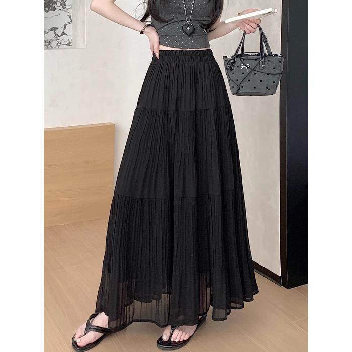 Sweet Girl Wind Mesh Yarn Solid Color Lined Pleated Skirt Women's Summer Casual Pleated Skirt Long Skirt Wholesale