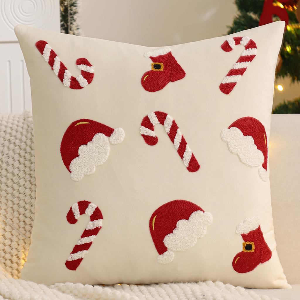 Embroidery Throw Pillow Cover Christmas Decoration Velvet Soft Christmas Tree Hat Cherry Winter Farmhouse Home Sofa Living Room