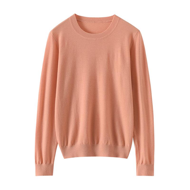 Women's Gentle Style Soft Pure Wool Pullover Sweater - Long Sleeve, Round Neck, Skin-Friendly Knit Base Layer for Spring