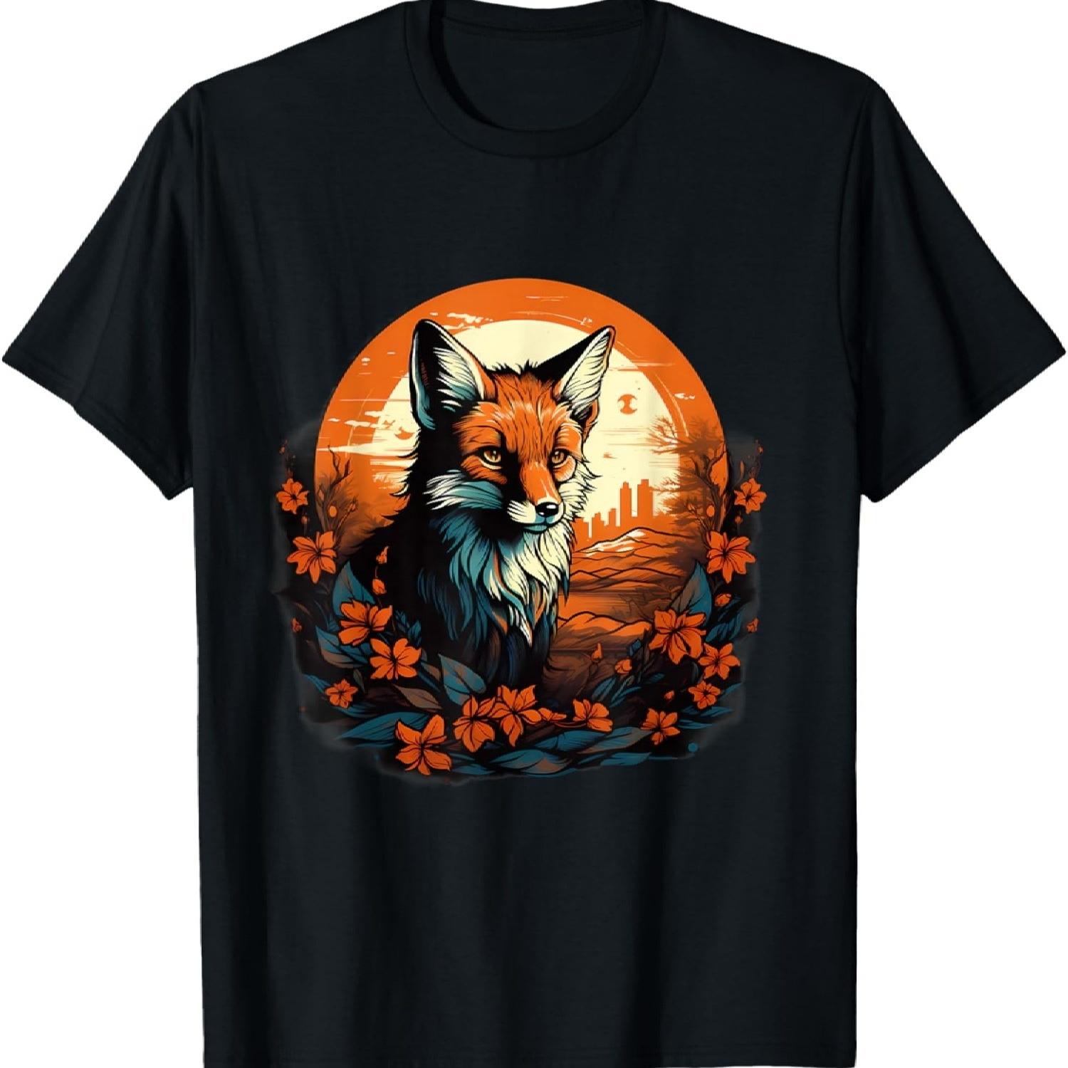 Fox Wildlife Floral Colorful Artwork Portrait Animal Art T-Shirt S