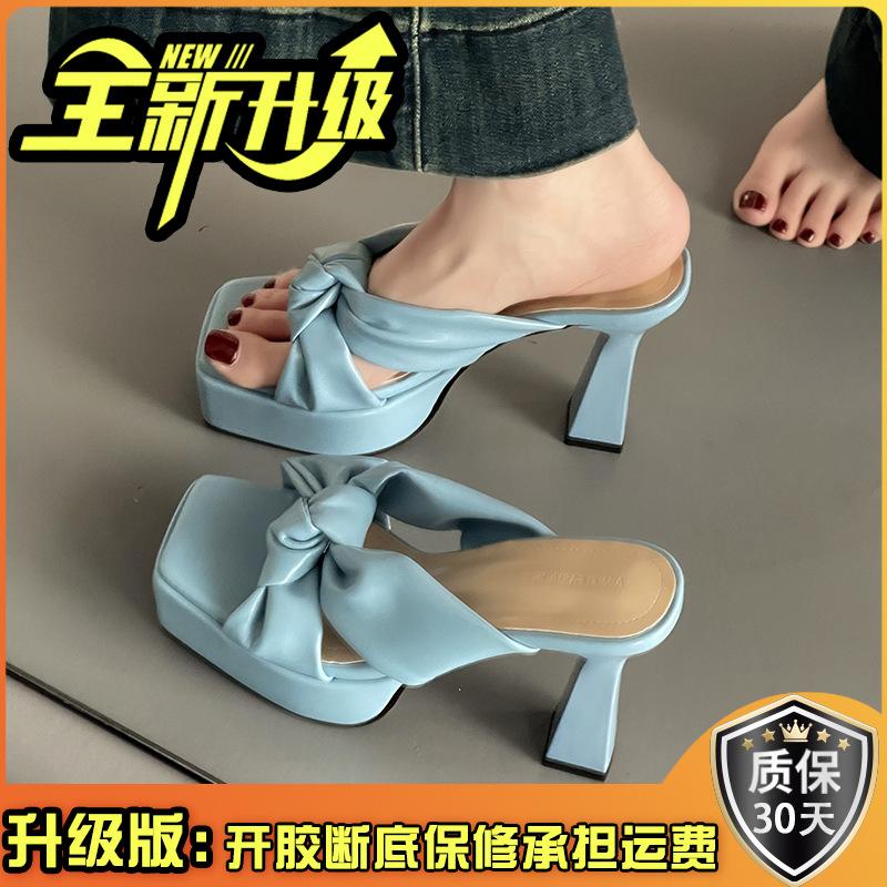 Fashion Temperament Bow Women's Thick Heel One-word Slippers Summer Retro Height Increase and Thin High Heel Cool Slippers