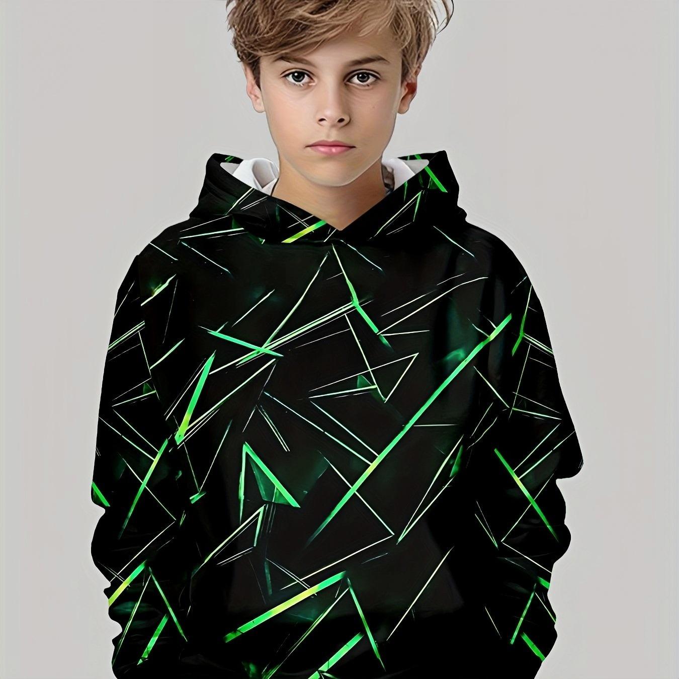 

Пуловер с капюшоном для мальчиков, с 3D-принтом, повседневный спортивный топ с длинными рукавами и геометрическими и линейными узорами 13-14Y