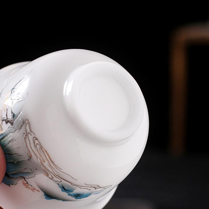 Hand-Painted Ceramic Landscape Teacup - Ice-Type Mutton Fat Jade Finish, Kung Fu Tea Set