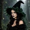 Pointed Witch Hat Halloween for Women, Velvet Wizard with Ruffle Costume Accessory Brim And Bow Party, Masquerade, Cosplay