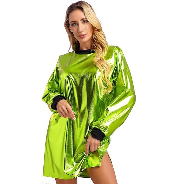 

Женское блестящее металлическое вечернее платье с длинным рукавом и круглым вырезом, футболка, клубная одежда 2XL зелёный