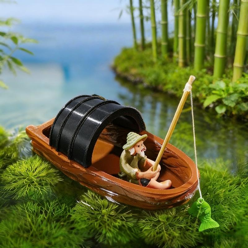 1 Set Acquario Laghetto Paesaggistica Decorazione Barca Galleggiante Fatta a Mano Pescatore Modello Mini Barca Accessori Acquario