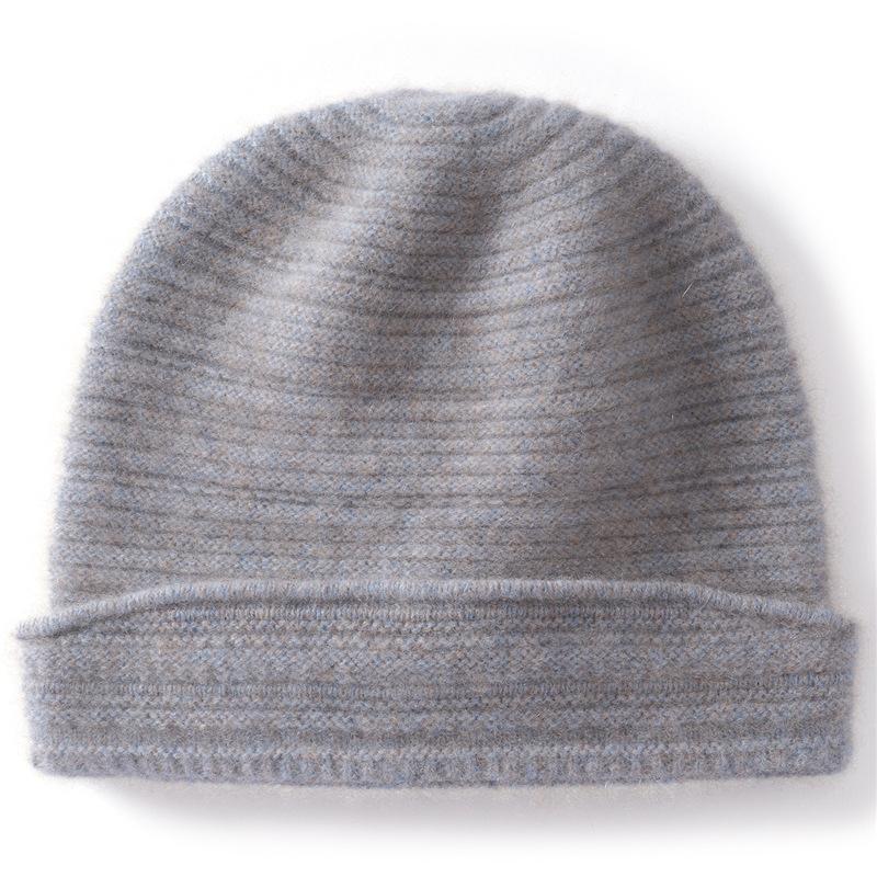 Autumn and Winter New% Pure Cashmere Women's Solid Color Thickened Knitted Cashmere Hat Thermal Head Hat Ear Protector