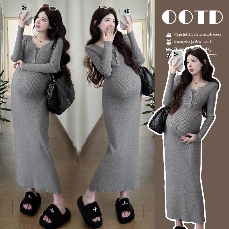 2026 Spring/Summer Simple Slimming V-Neck Maternity Dress with Faux Two-Piece Design XL серый