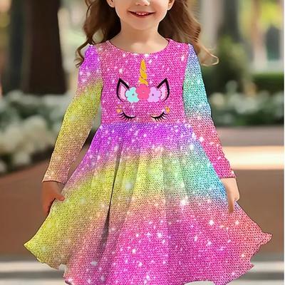 Robe décontractée à manches longues et col rond pour fille avec imprimé licorne 3D