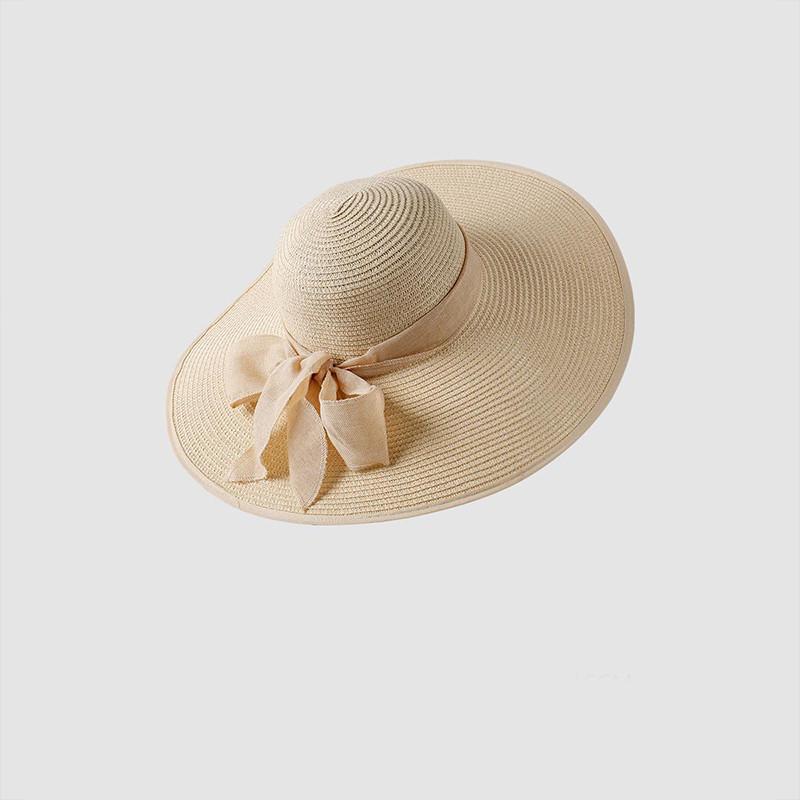 Women's Wide Brim Straw Hat With Bow Beach Sun Hat Uv Protection Korean Style
