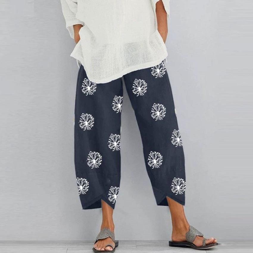 Women's Printed Elastic Waist Capri Pants Cropped Trousers