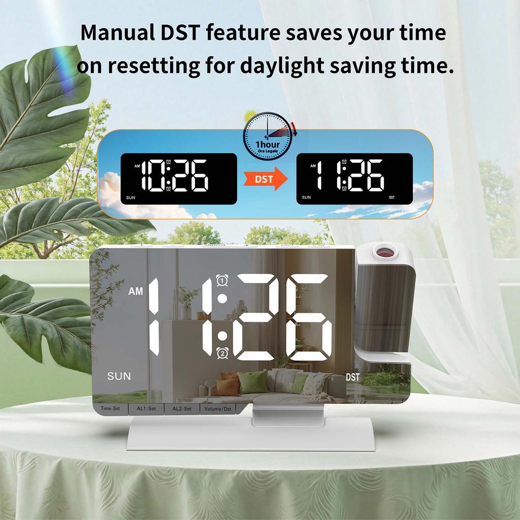 LED Digital Alarm Clock with Time Projection, Dual Alarms, USBCelsiusType-C Charging Ports, 6-  Dimmable, Daylight Saving Time (DST), Snooze