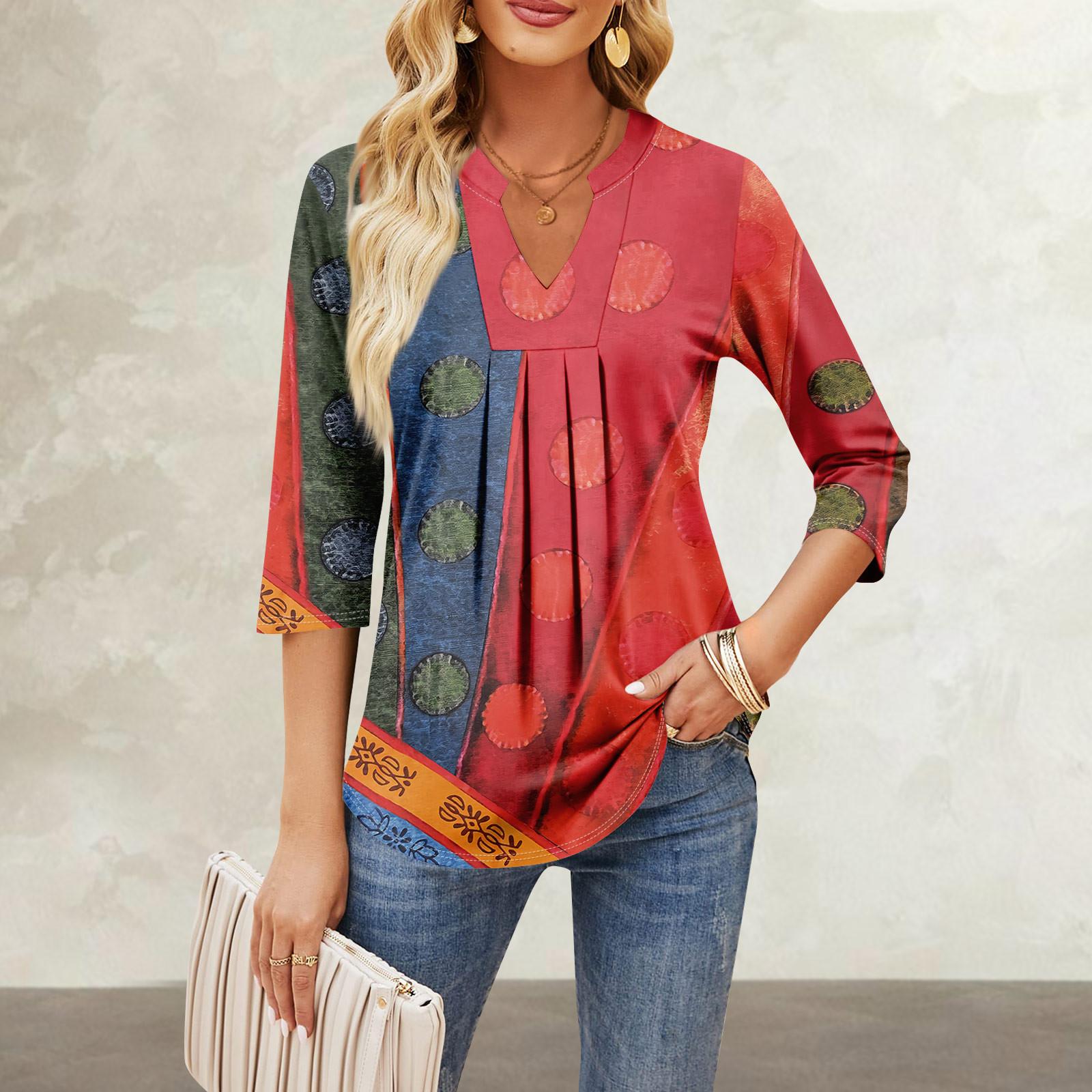 

Жіночі топи з рукавом сім чвертей, повсякденні вільні футболки з V-подібним вирізом і оборками з принтом XL