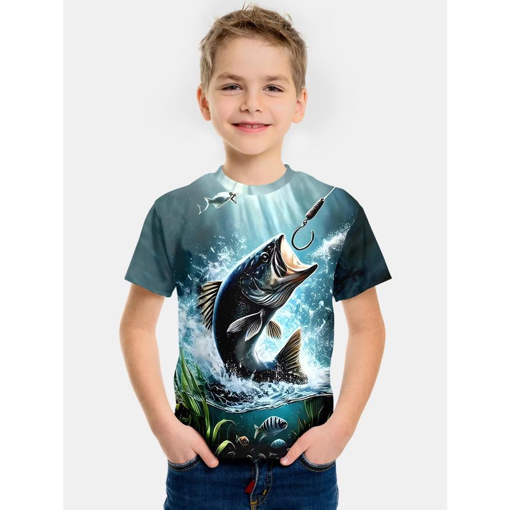 Boys' Clothing with Fish Pattern 3D Printed T-shirt, Summer New Style, Children's Fishing Shirt, Casual Short Sleeved Fashionable Street Top