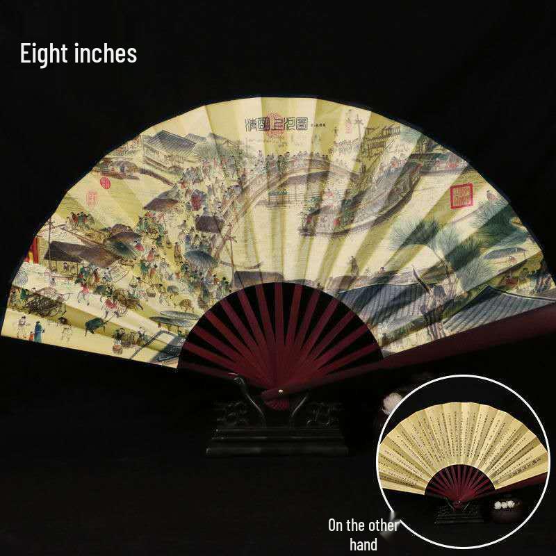 Traditional Chinese Silk Bamboo Folding Fan with Ink Landscape
