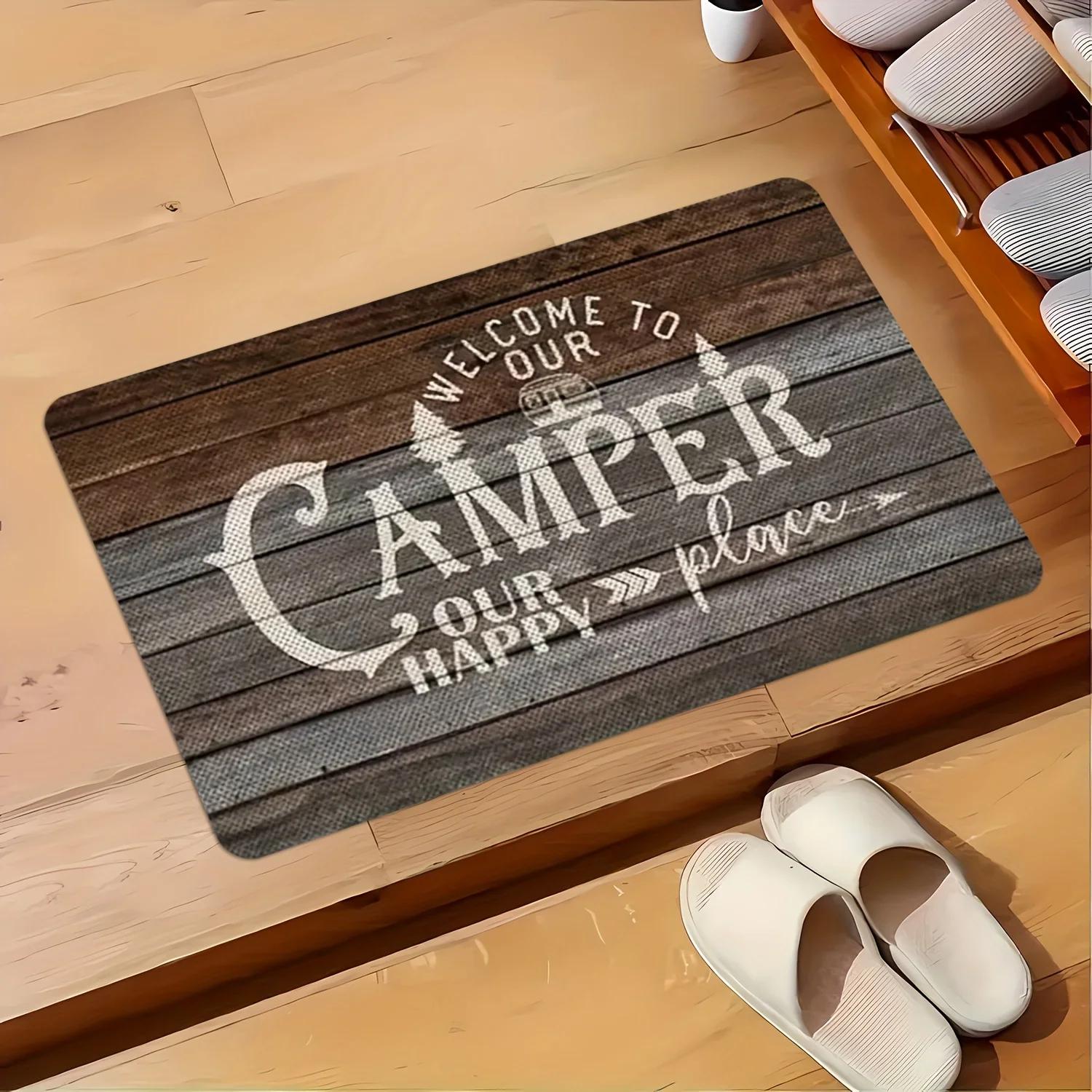 Welcome to our camper, our happy place doormat - RV welcome mat, machine washable, non-slip, perfect for living room, bedroom 1p40x60x1cm