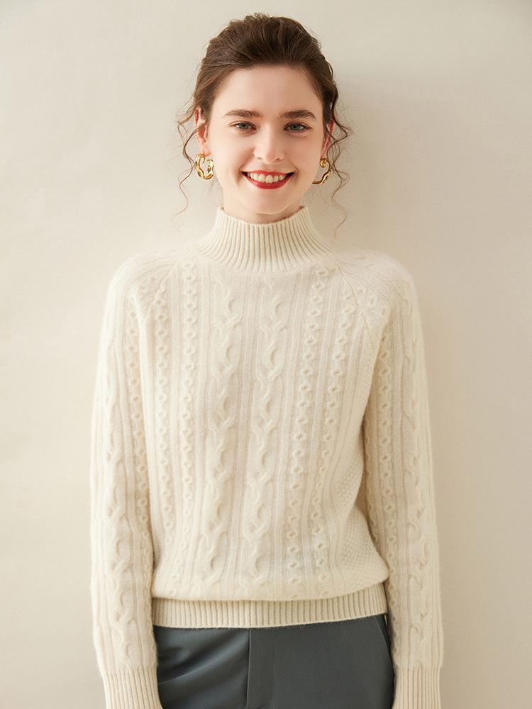 Damski sweter kaszmirowy z warkoczowym splotem - Półwysoki dekolt, Luźny krój, Obniżone ramię, Długi rękaw, Pogrubiony pulower