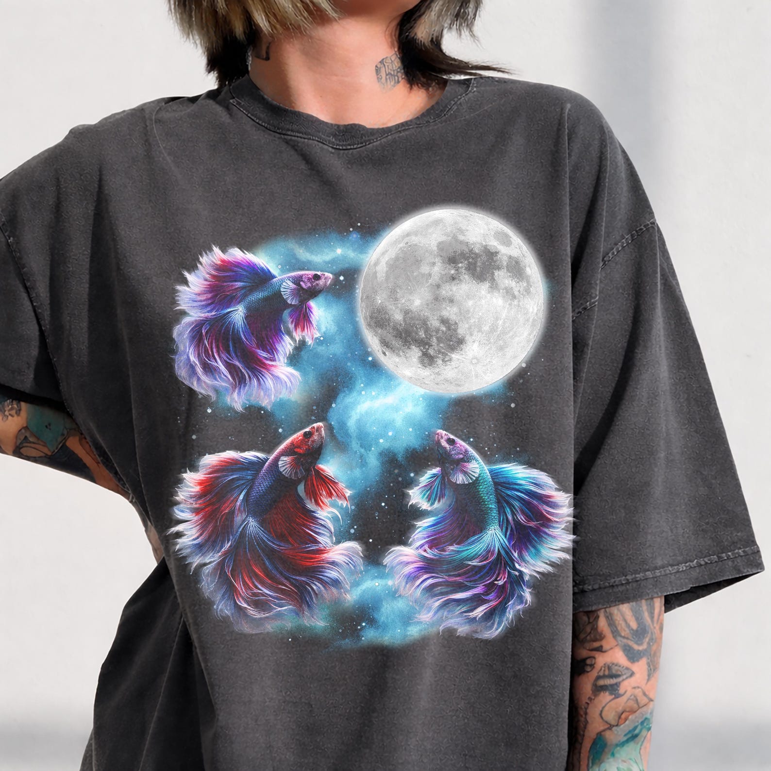 Three Betta Fish Howling Moon Shirt, Vintage Fighting Fish Graphic Tee 2XL