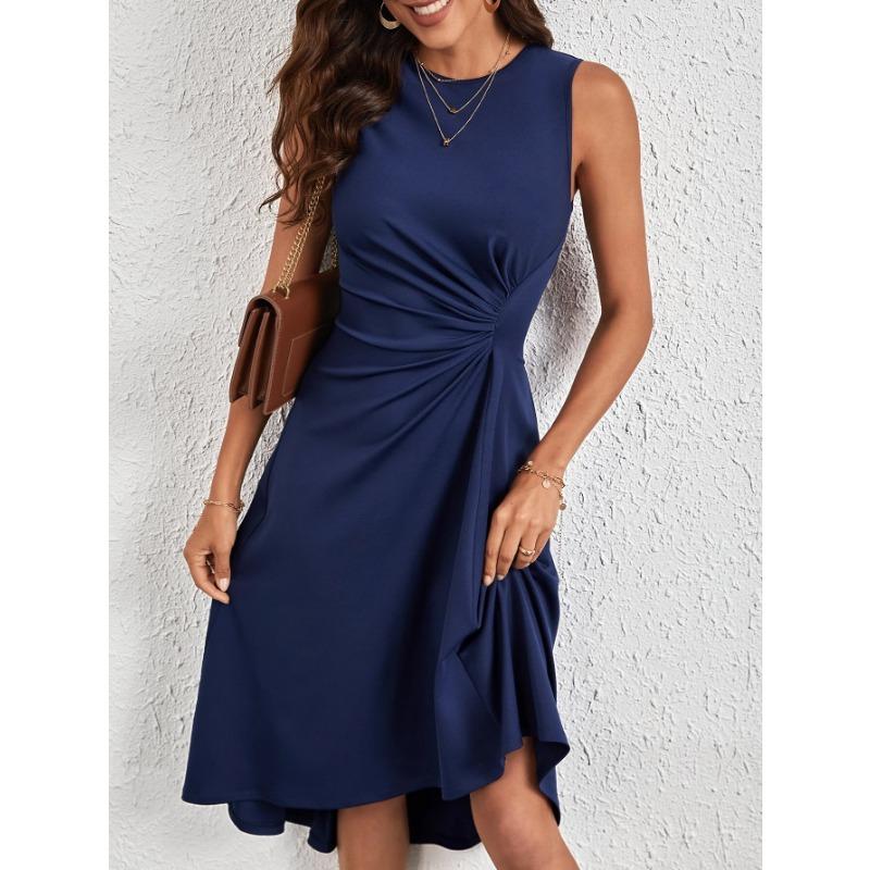

VEZFAA женские модные летние весенние однотонные повседневные платья без рукавов с круглым вырезом и высокой талией L темно-синий