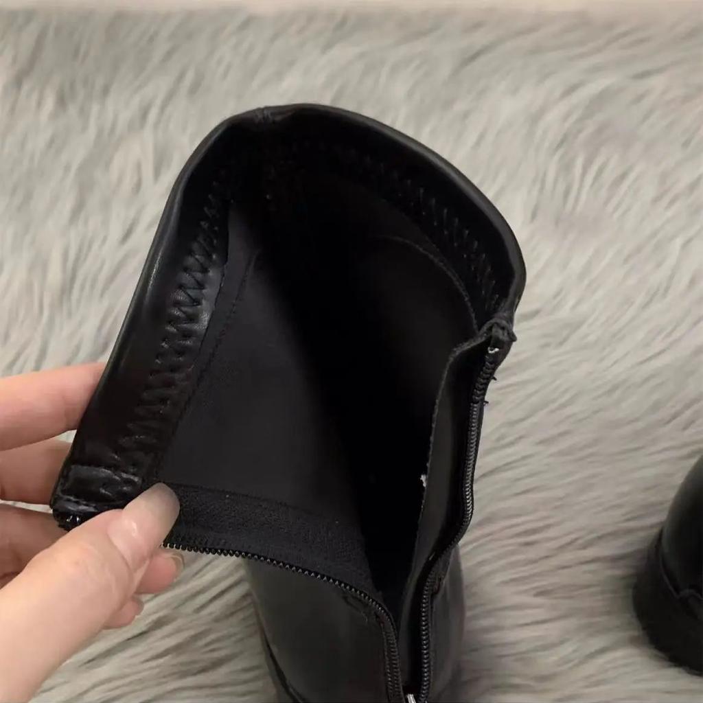 TRAF Womans Black Leather Short Boots Vintage Square Head Back Zip Short Tube Boots 2024 Autumn Lady Commuter Simple Short Boots