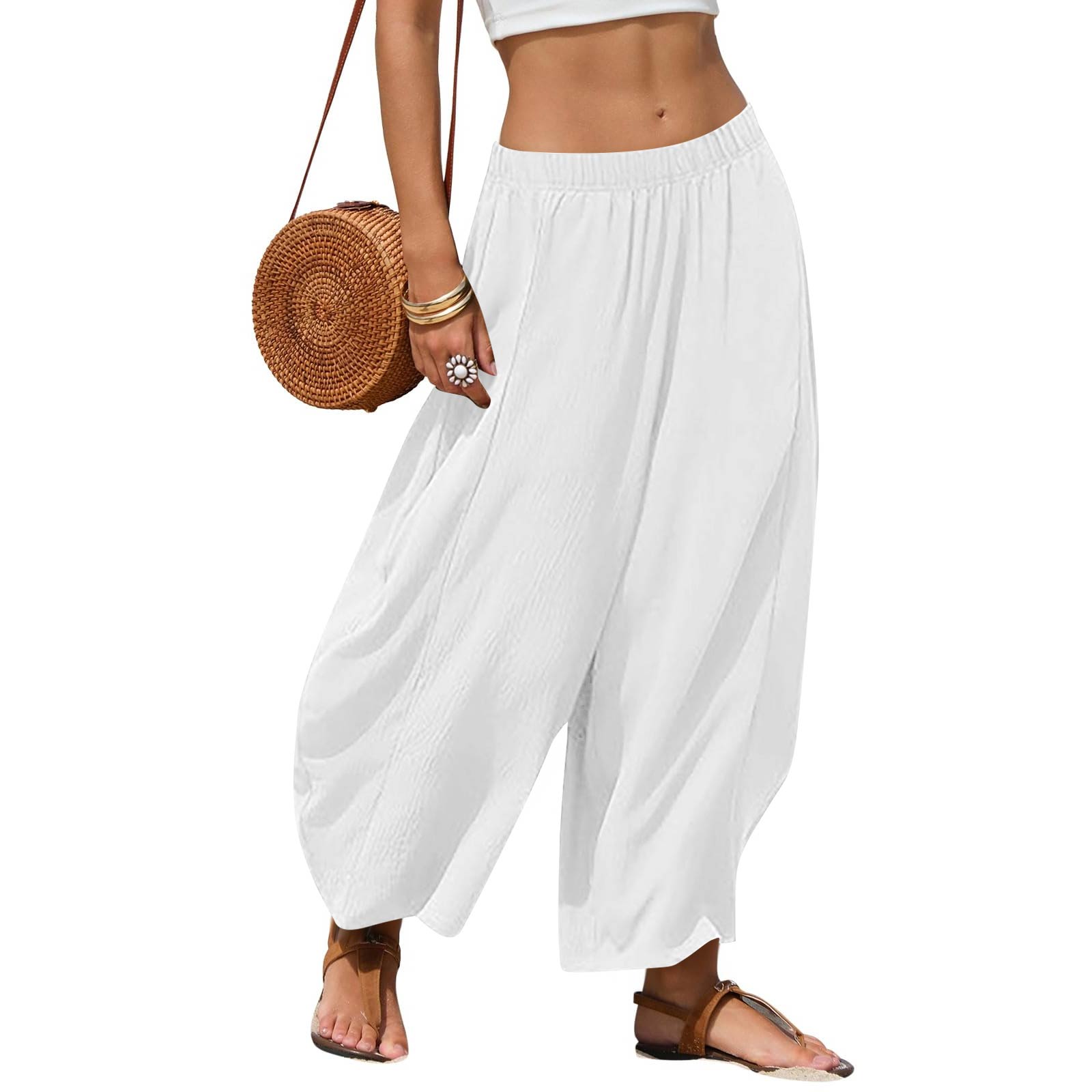 

Women s Casual Patchwork Loose-Fit High-Waisted Wide-Leg Pants XL білий
