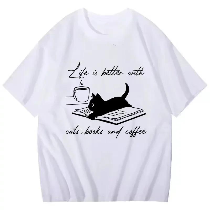 Camiseta Retro americana a la moda para mujer camisetas de veranocamisetas divertidas de gato y café ropa gráfica ropa de