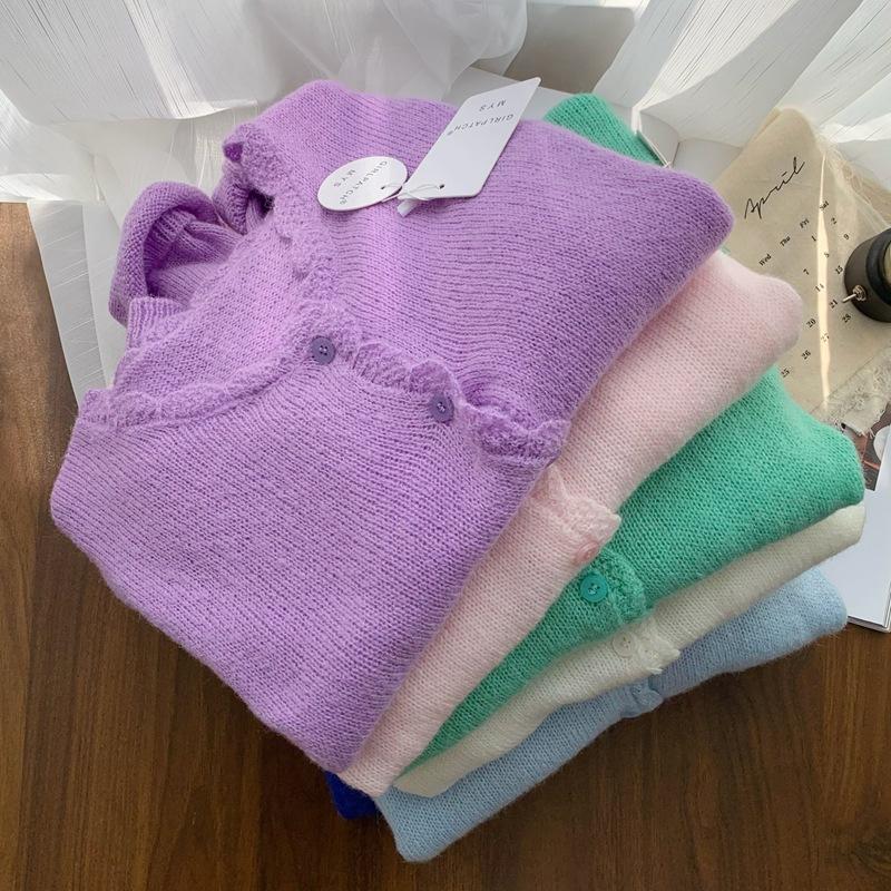 Women's Long Sleeve Cardigan Crew Neck Casual Knit Sweater Solid Color Soft Texture Knitwear Outerwear