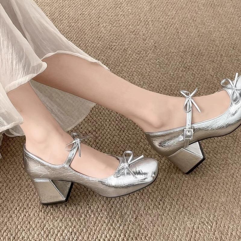 Fashion Women's High Heels Fad Temperament High Quality Retro Bow Elegant Thick Heel Single Shoes Womens Mary Jane Leather Shoes Tacones
