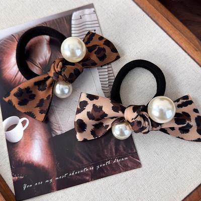 Sweet Stylish Size Pearl Hair Rope Popular Hair Accessories Vintage Leopard Print Bow Hair Rope Headband