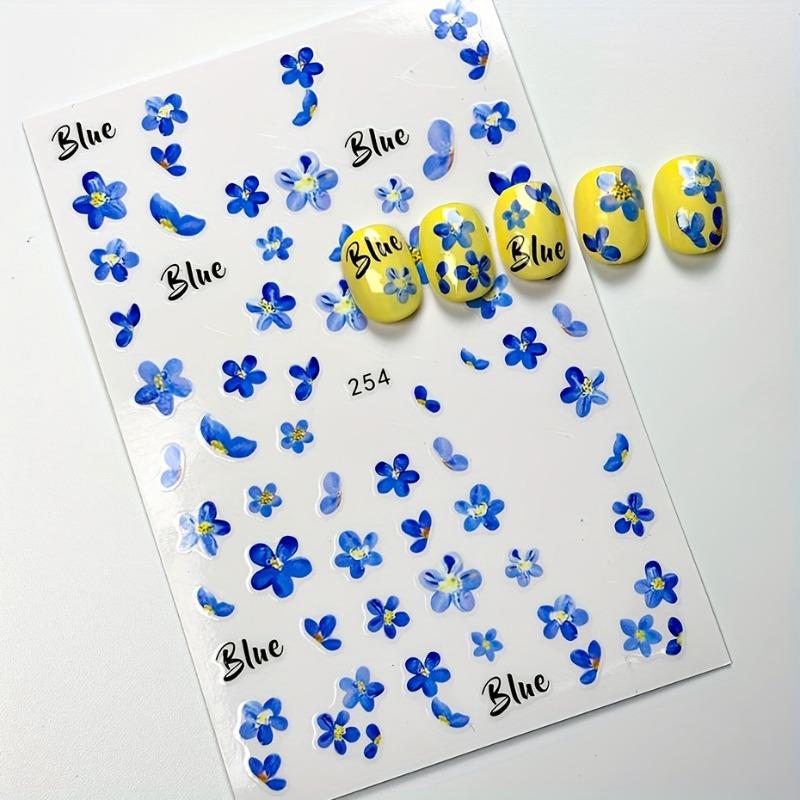 3pcs Watercolor Blue Flower Nail Art Stickers Self-Adhesive 3D Forget-Me-Not Floral Nail Decals DIY Nail Decorations Manicure