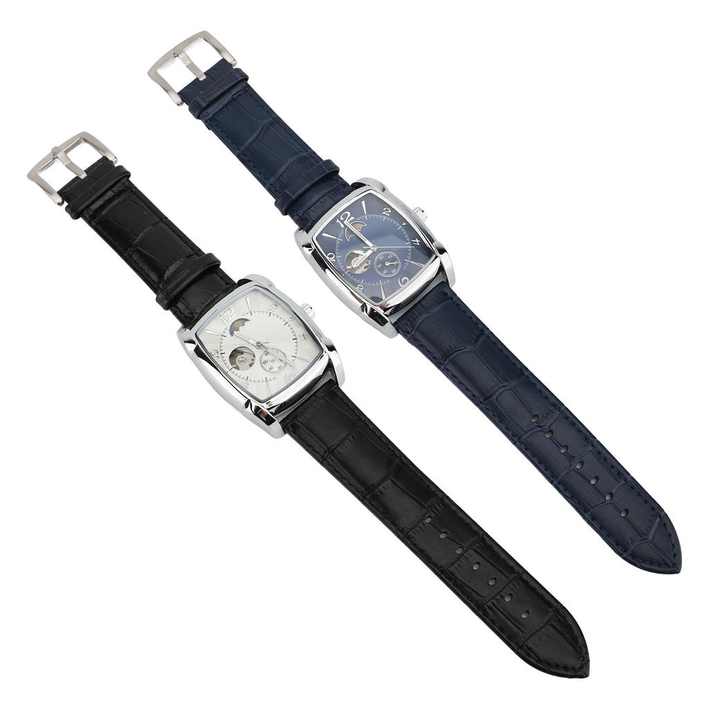 Skeleton Automatic Mechanical Wrist Watch for Men Moon Phase Self Winding Water Resistant PU Leather