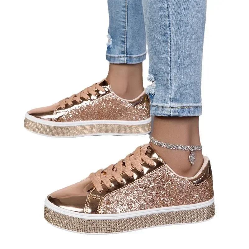 

Блестящие розовые кожаные кроссовки слипоны повседневные женские 2024 весна осень комфортные на шнуровке на плоской подошве золотые zapatillas de mujer 41 золотой