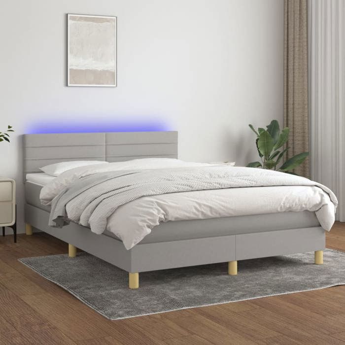 Sommier à lattes avec matelas - 140x200 cm - Gris clair - LED colorée - 2 places