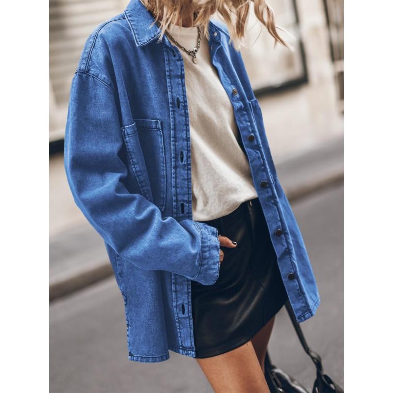 Womens Relaxed Fit Denim Shirt Jacket With Turn-Down Collar Large Pockets Blue Light 2025