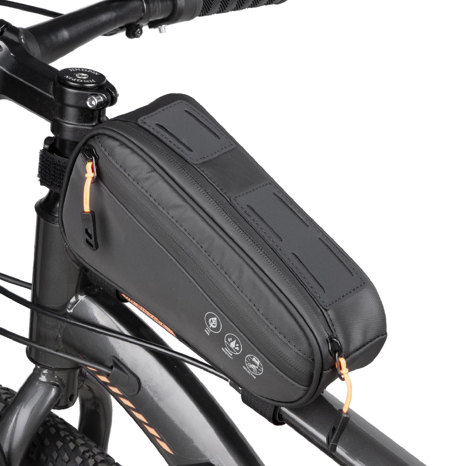 

AKEIE Top Tube Bag with Strap, Bicycle Frame Bag, Large Capacity 1.2L, Water Resistant, Water Repellent, Reflective, Easy Installation, Black