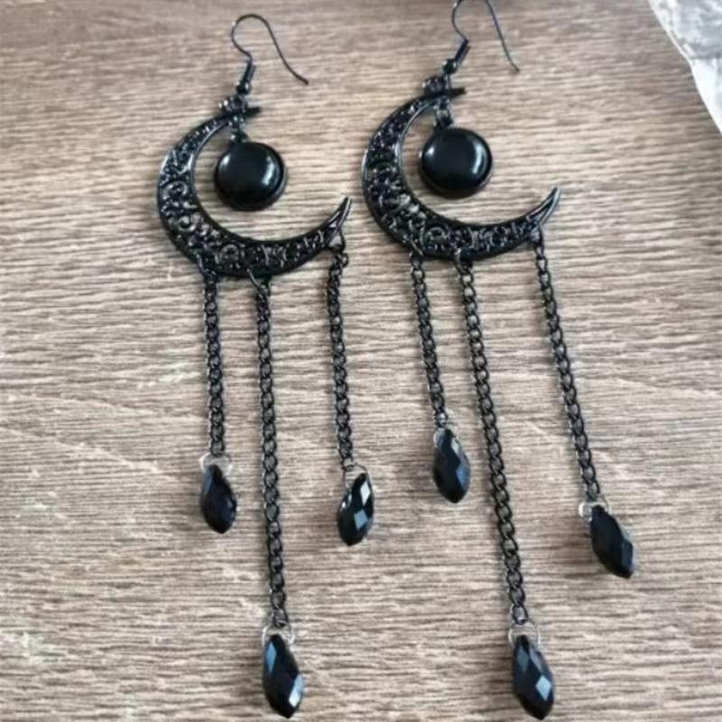 Gothic Black Moon Earrings Stars Hollow Moon Demon Fringe Paganism Witchcraft Earhook For Women Black Stone Mystery