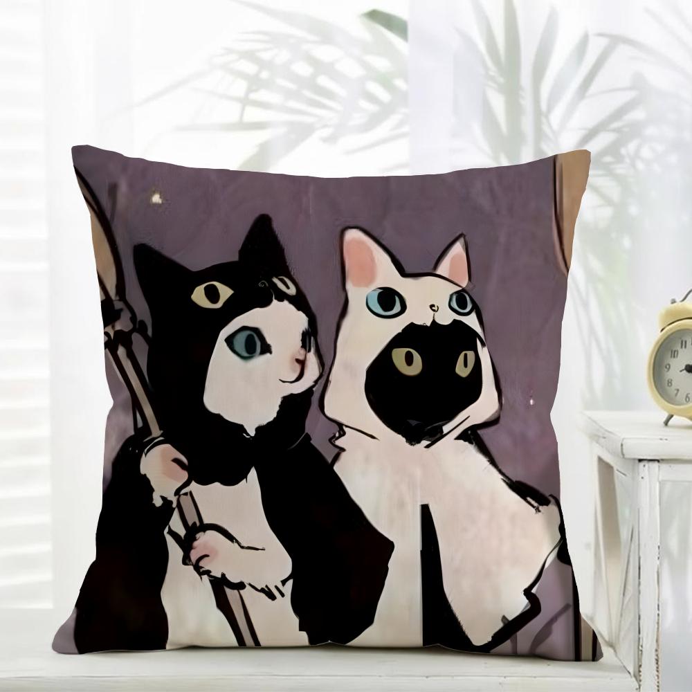 L-Little Black Cat Couple Pillow Cute Cushion Cover Daily Washable Linen Pillowcase Soft For Sofa Bed Home Room Decor