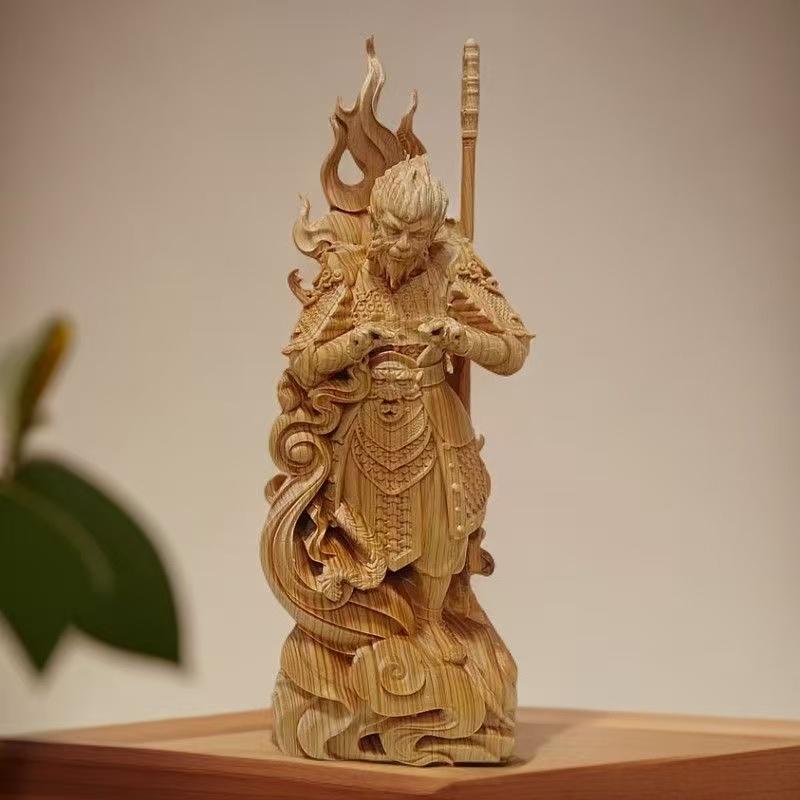 wood carving Battle Buddha Sun Wukong sculptures and figurines Black Mythical Figures Home Room Office Wealth Luck Decor