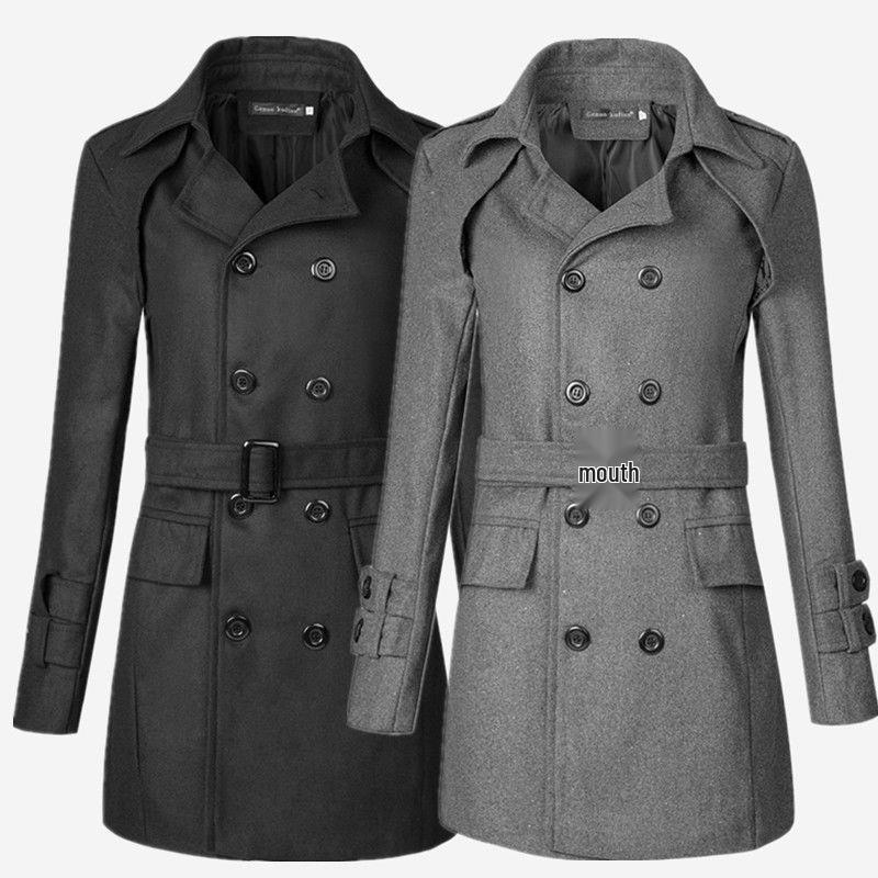 Men's Mid-Length British Style Wool Trench Coat with Belt for Autumn/Winter