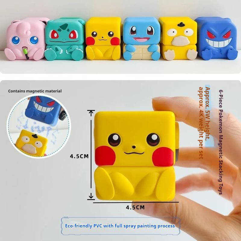 Toys Car 6PCS Pokemon Cartoon Anime Action Figures Pikachu Gengar Psyduck Magnetic Stacking Doll Desktop Decor Gifts
