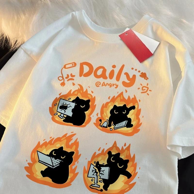 

Daily Angery Black Cat Women TShirts Cartoons Prints Tee Shirts ONeck Soft Comfortable Tops Summer Women Clothes Graphic Y2K S