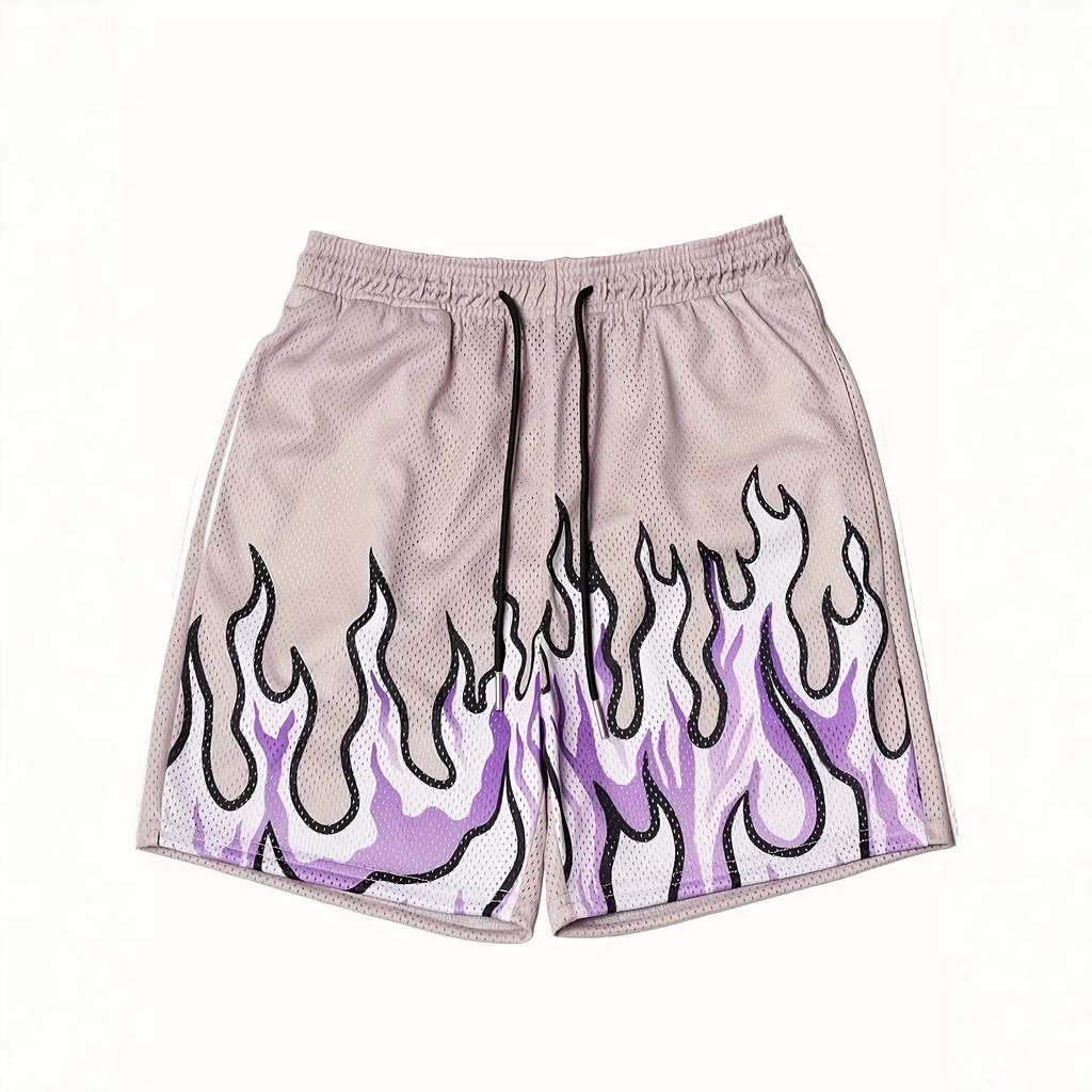 Men Gothic Angel Graffiti 3D Print Mesh Beach Shorts Elastic Drawstring Loose Straight Casual Summer Board Shorts