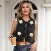 Womens Casual Sleeveless Cardigan Sexy Lace-up Bow Hand Crochet Flower Patchwork Streetwear