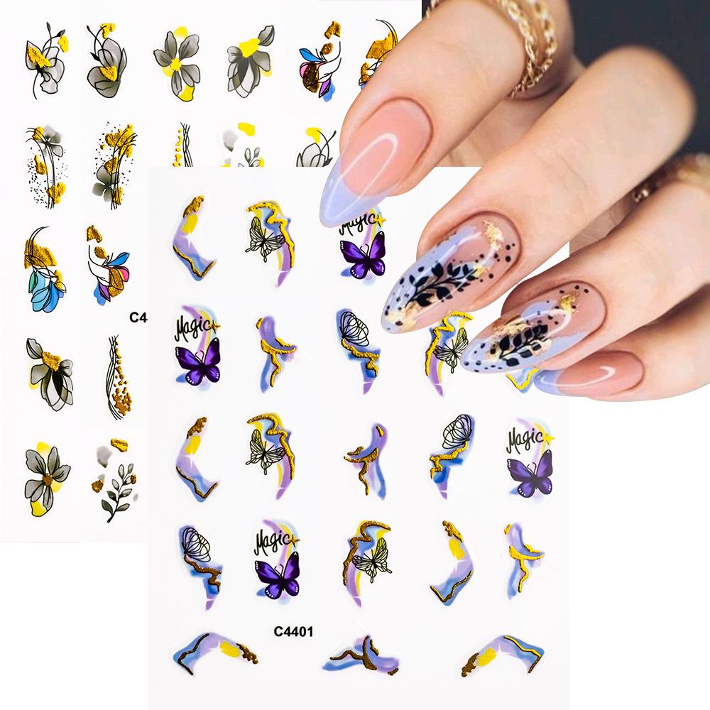 Bronzing Painted Nail Art Sticker 3D Adhesive Self-Adhesive Waterproof Nail Sticker Abstract Butterfly Line Gold Nail Sticker