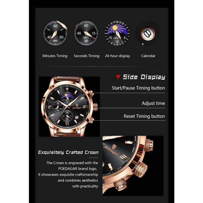 POEDAGAR Luxury Sports Watch for Men Waterproof Luminous Date Chronograph Wristwatch Leather Quartz Watches Reloj